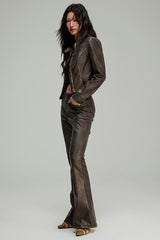 Skinny Brown Leather Cropped Jacket