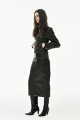 Washed Stand Collar Cropped  Leather Jacket