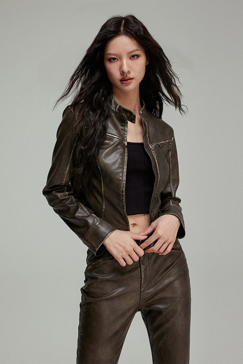 Skinny Brown Leather Cropped Jacket