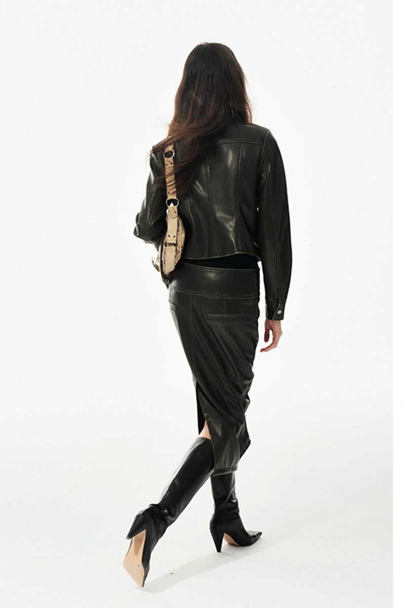 Washed Stand Collar Cropped  Leather Jacket