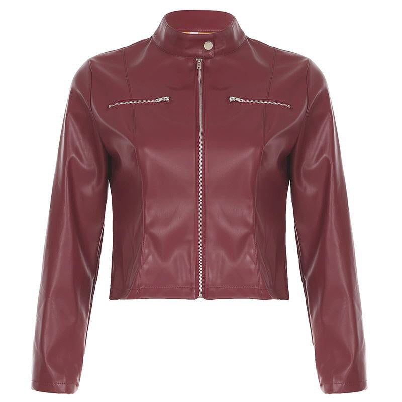 Red Stand Collar Leather Jacket