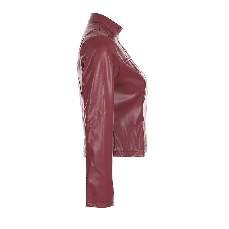 Red Stand Collar Leather Jacket