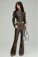 Skinny Brown Leather Cropped Jacket