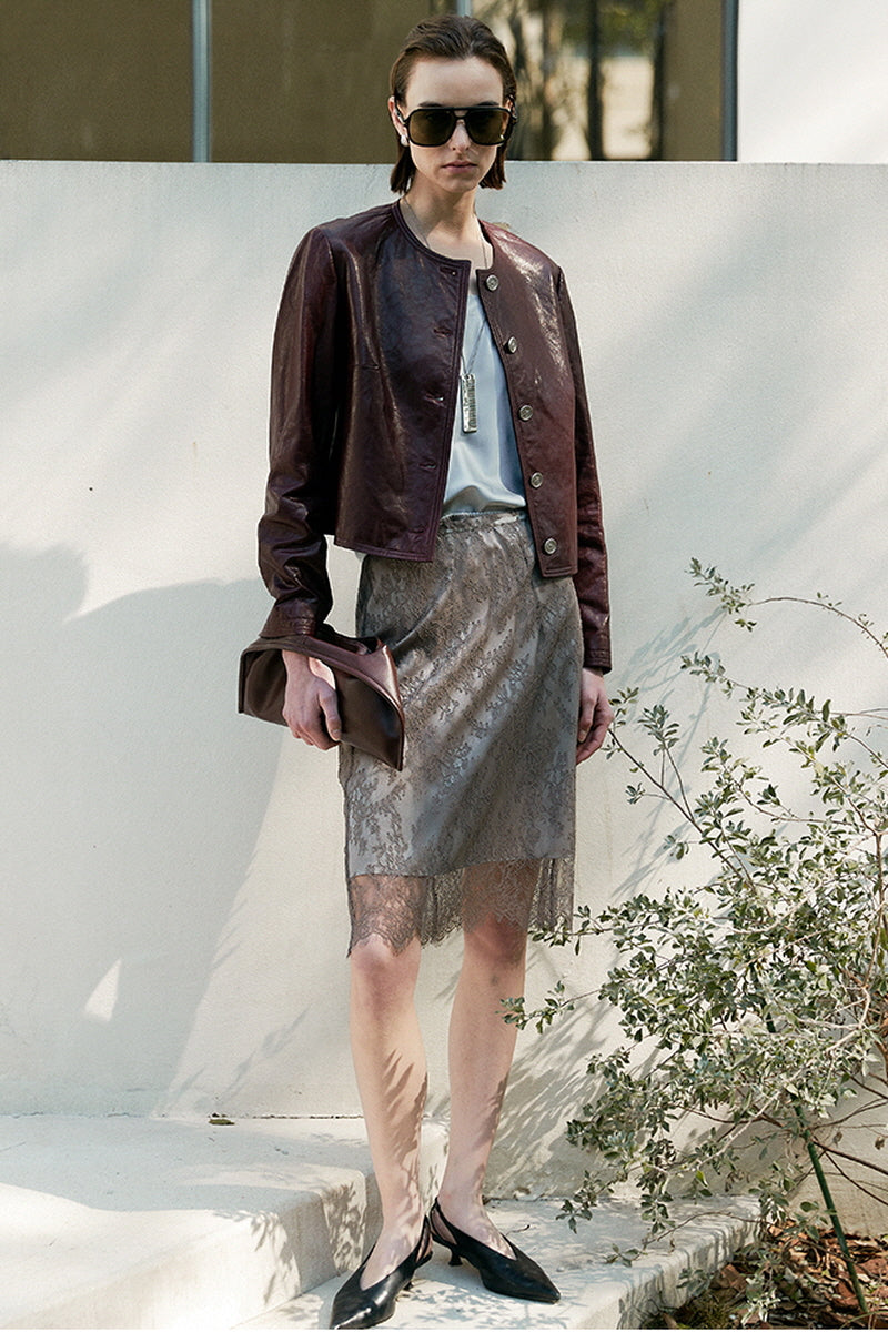 Claret Chic Round-Neck Leather Jacket