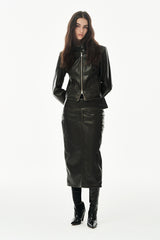 Washed Stand Collar Cropped  Leather Jacket