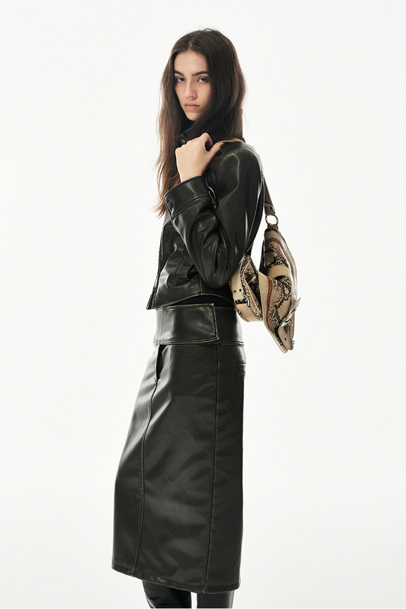 Washed Stand Collar Cropped  Leather Jacket