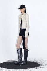 Stand Collar Ivory Leather Jacket