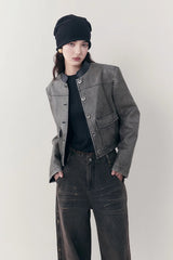 Retro Gray Stand Collar Leather Jacket