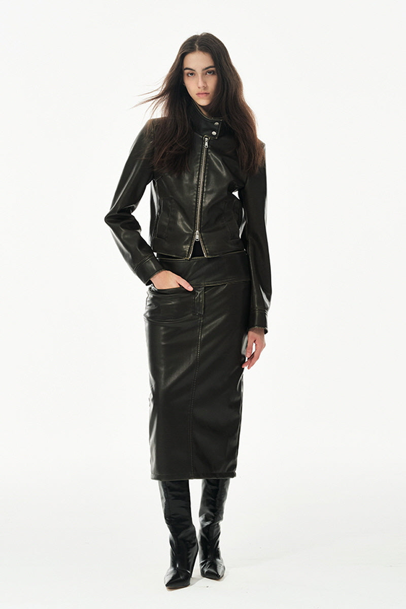 Washed Stand Collar Cropped  Leather Jacket