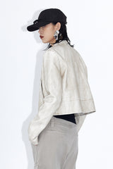 Stand Collar Ivory Leather Jacket