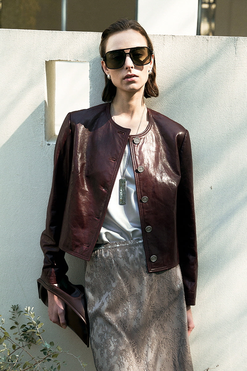 Claret Chic Round-Neck Leather Jacket