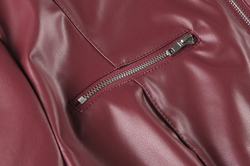 Red Stand Collar Leather Jacket