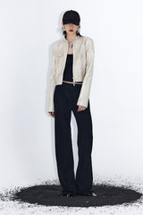 Stand Collar Ivory Leather Jacket