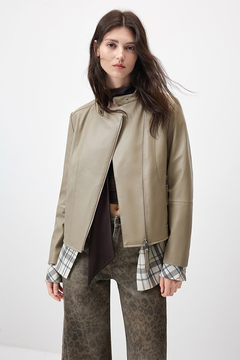 Celeste Cropped Moto Beige Jacket
