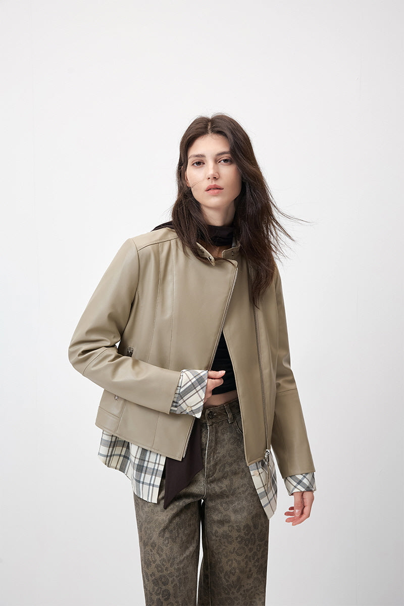 Celeste Cropped Moto Beige Jacket