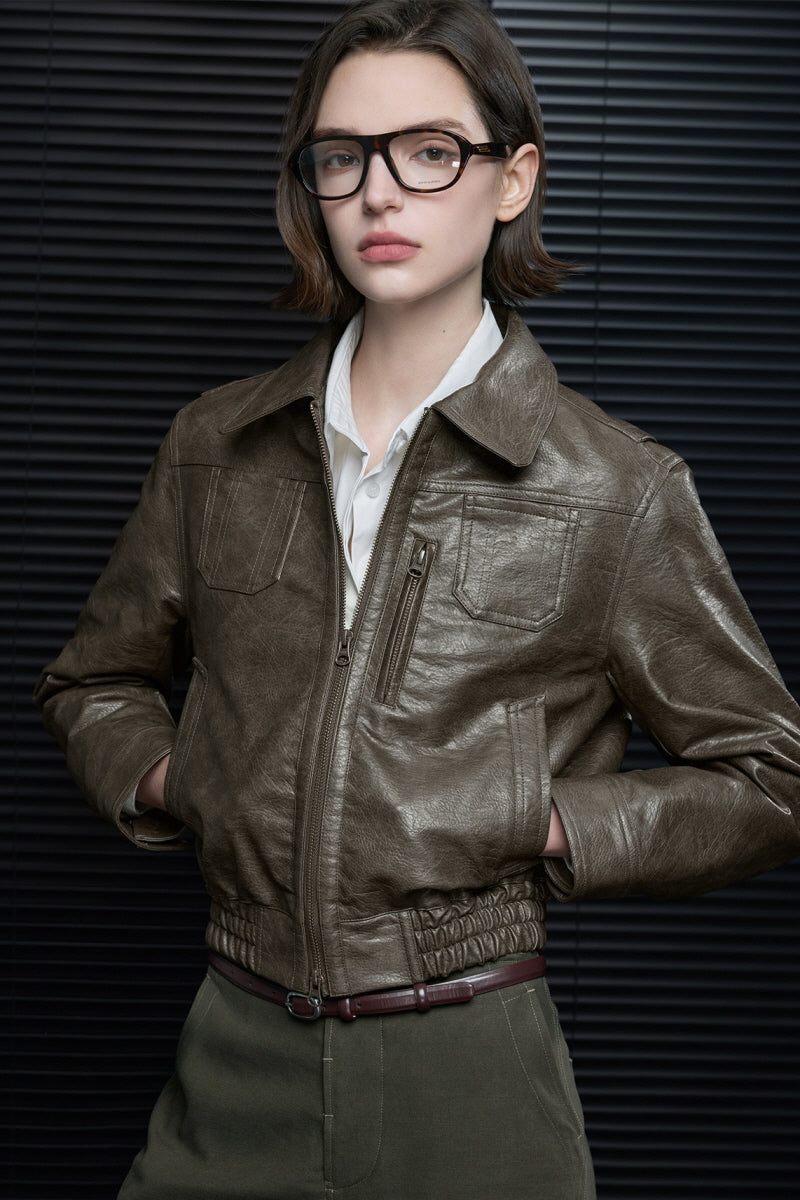 Legacy Cropped Leather Jacket  - Green
