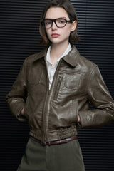 Legacy Cropped Leather Jacket  - Green
