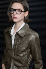 Legacy Cropped Leather Jacket  - Green