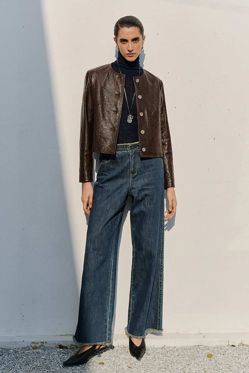 Claret Chic Round-Neck Leather Jacket