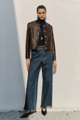 Claret Chic Round-Neck Leather Jacket