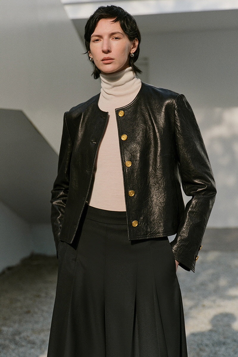 Claret Chic Round-Neck Leather Jacket