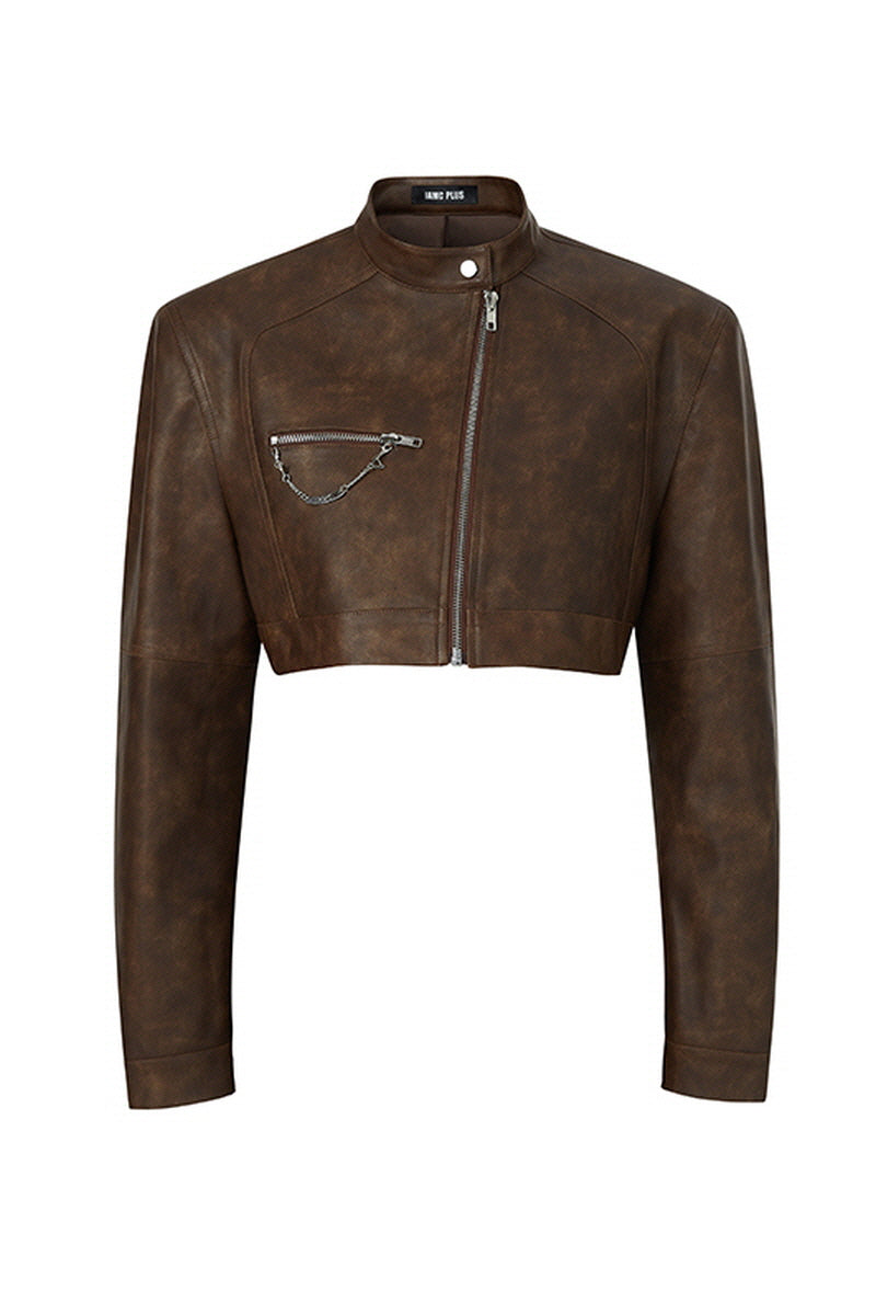 Pocket Chain Brown Leather Jacket