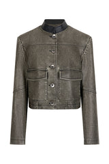 Retro Gray Stand Collar Leather Jacket